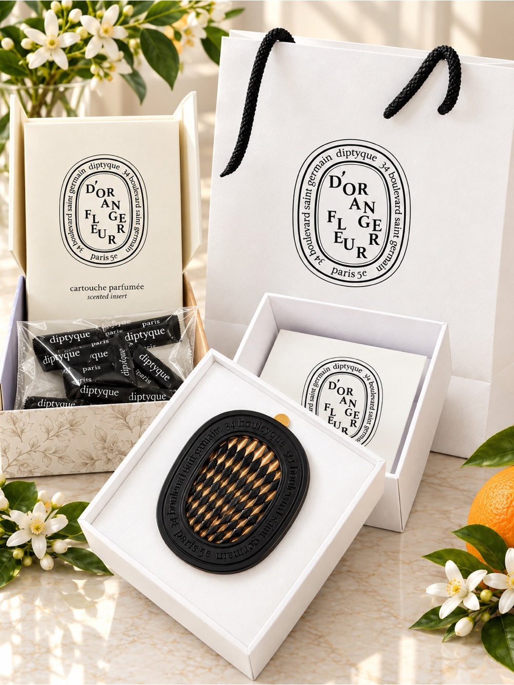 DIPTYQUE Fleur d'Oranger (Orange Blossom) Car Diffuser & Insert Set